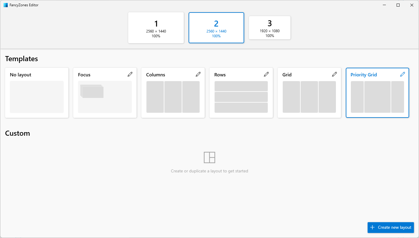 The default options in FancyZones for Windows 11. 