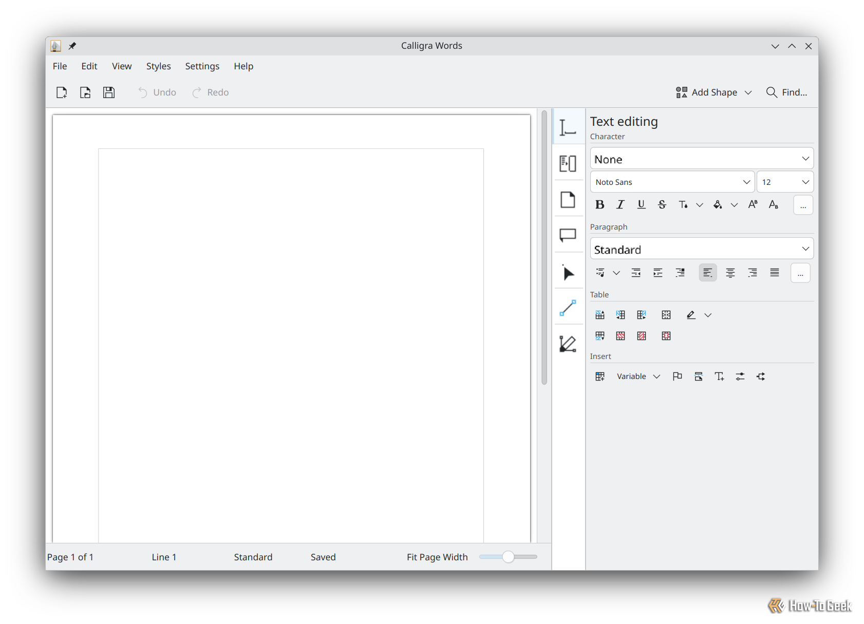 The Calligra Words interface on Kubuntu. 
