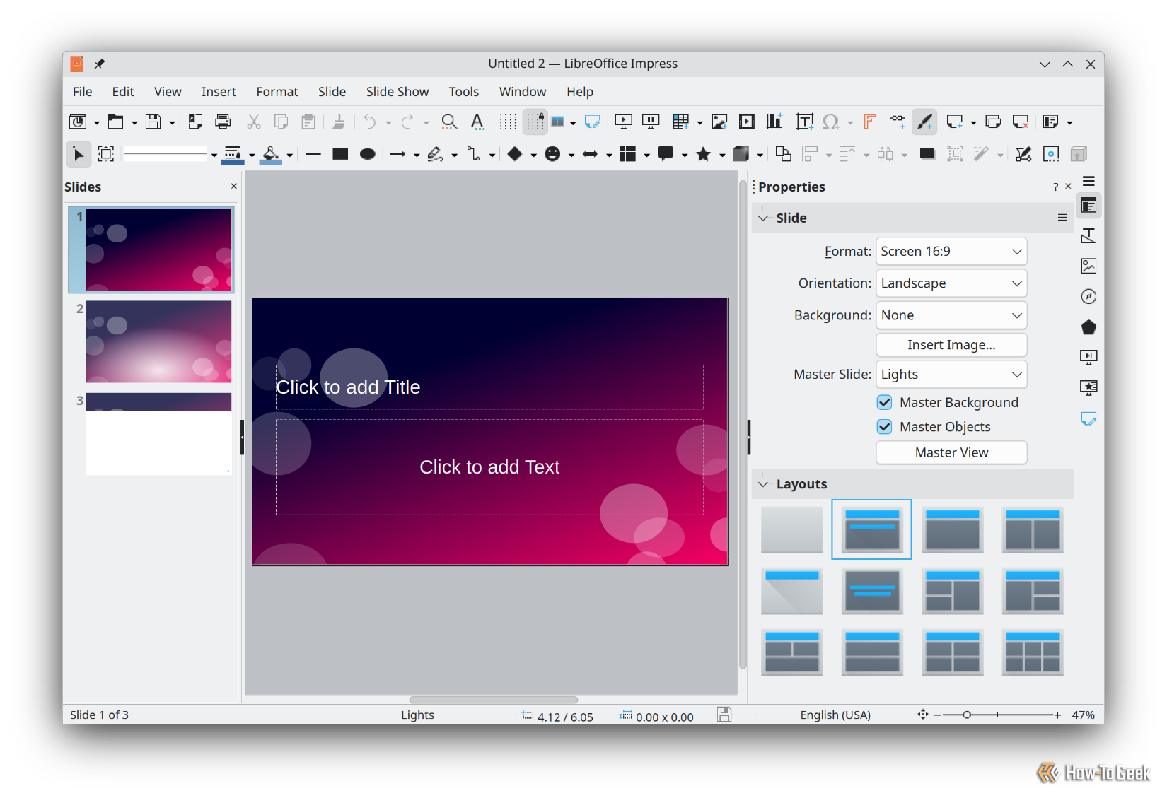 The PowerPoint equivalent, LibreOffice Impress, in Kubuntu.