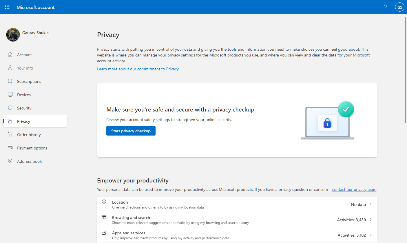 A screenshot showing Microsoft Privacy Dashboard.